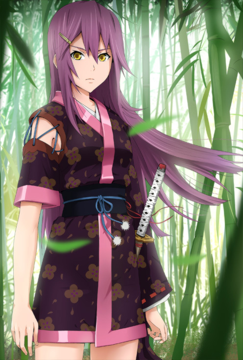 1girl, bad_id, bad_pixiv_id, bamboo, bamboo_forest, female_focus, forest, hair_ornament, hairclip, japanese_clothes, katana, long_hair, nature, original, p_(zzaazz), purple_hair, solo, sword, weapon, yellow_eyes