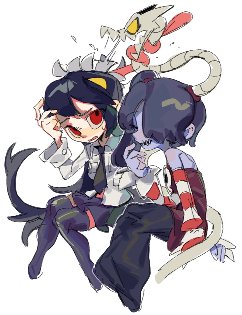 2girls, black_hair, blue_hair, blue_skin, blush, boniteo1, closed_eyes, colored_skin