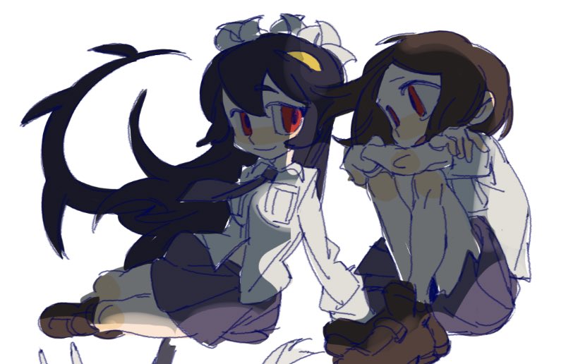 2girls, black_hair, boniteo1, brown_hair, carol_(skullgirls), crossed_arms, filia_(skullgirls), knees_up