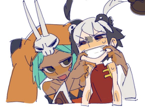 2girls, bird, black_hair, blush, boniteo1, cerebella_(skullgirls), clenched_teeth, dark-skinned_female