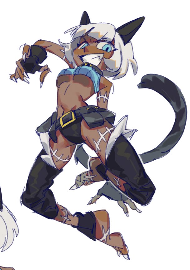 1girl, blue_eyes, bob_cut, boniteo1, breasts, cat_girl, claws, collar, crop_top, dark-skinned_female, dark_skin, detached_leggings, fingerless_gloves, full_body, gloves, grin, medium_breasts, ms._fortune_(skullgirls), navel, neck_bell, scar, short_hair, skullgirls, smile, solo, sports_bikini, underboob, white_hair
