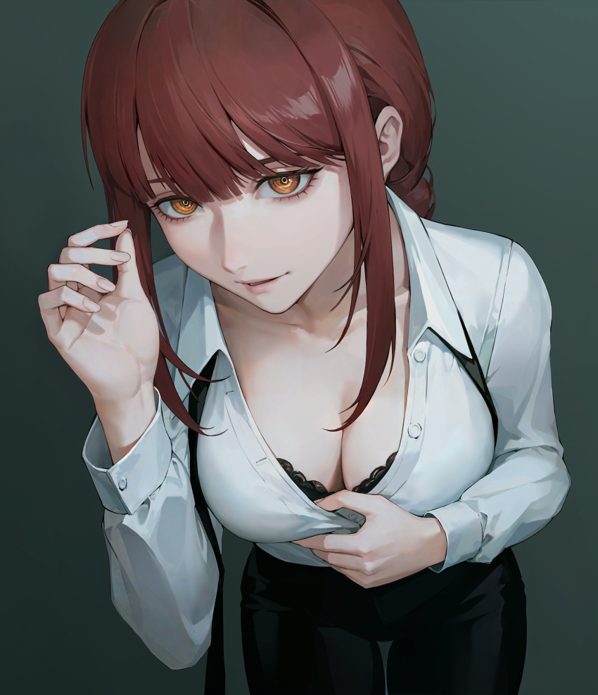 1girl, absurdres, black_bra, black_pants, bra, bra_peek, braid, braided_ponytail, breasts, buttoned_cuffs, buttons, chainsaw_man, cleavage, clothes_pull, collared_shirt, commentary, cowboy_shot, fingernails, grey_background, hair_between_eyes, highres, iamc95, lace, lace-trimmed_bra, lace_trim, long_hair, long_sleeves, looking_at_viewer, makima_(chainsaw_man), medium_breasts, pants, parted_lips, partially_unbuttoned, pink_lips, pulling_own_clothes, red_hair, ringed_eyes, shirt, shirt_pull, sidelocks, simple_background, solo, underwear, white_shirt, yellow_eyes