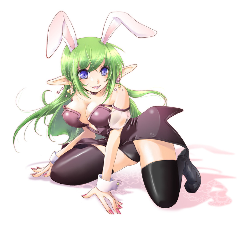 1girl, animal_ears, aoi_hiyuu, black_footwear, black_thighhighs, blue_eyes, breasts, cleavage, crossed_bangs, detached_sleeves, fake_animal_ears, fingernails, fonewearl, full_body, hair_between_eyes, high_heels, kneeling, leotard, light_green_hair, long_hair, medium_breasts, mole, mole_under_eye, open_mouth, phantasy_star, phantasy_star_online, pink_nails, playboy_bunny, pointy_ears, puffy_short_sleeves, puffy_sleeves, purple_leotard, rabbit_ears, see-through_clothes, see-through_sleeves, short_sleeves, smile, solo, thighhighs, white_wrist_cuffs, wrist_cuffs
