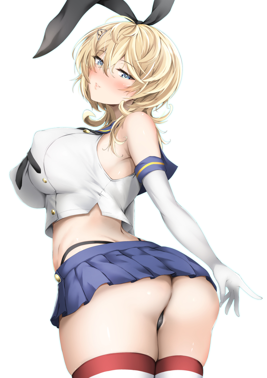 1girl, ass, black_neckerchief, black_panties, blonde_hair, blue_eyes, breasts, cosplay, crop_top, elbow_gloves, gloves, hair_between_eyes, hair_ornament, hairclip, highleg, highleg_panties, highres, kantai_collection, kuon_(break_through), large_breasts, medium_hair, microskirt, neckerchief, panties, sailor_collar, shimakaze_(kancolle), shimakaze_(kancolle)_(cosplay), skirt, striped_clothes, striped_thighhighs, thighhighs, tuscaloosa_(kancolle), underwear, white_gloves