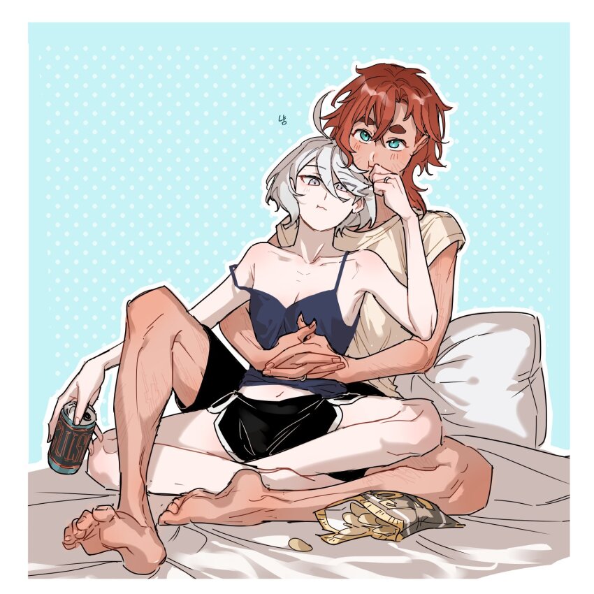 2girls, bag_of_chips, bare_legs, barefoot, bluish_gray_cat, breasts, can, chips_(food)