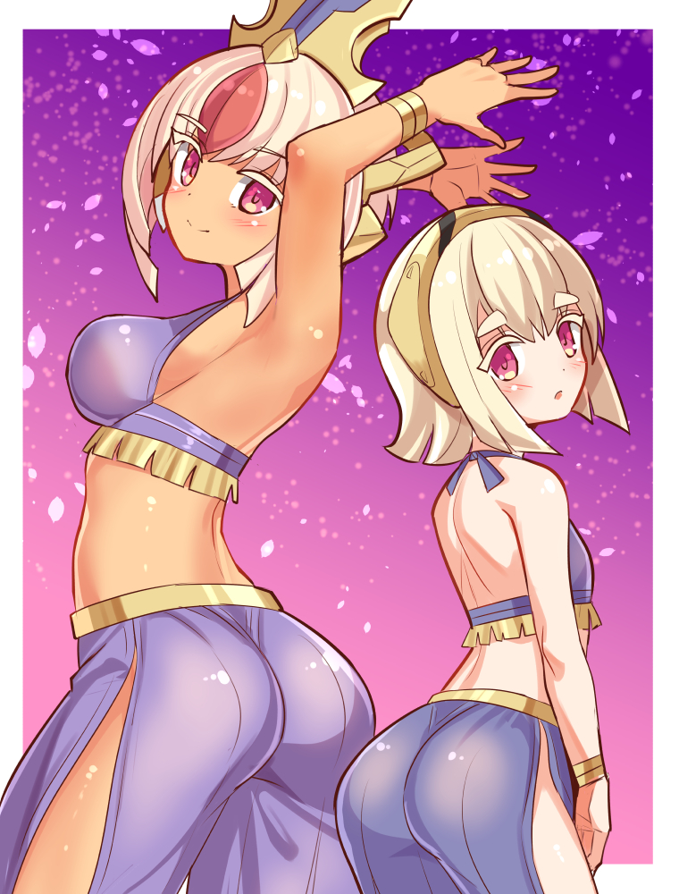 2girls, arabian_clothes, ass, azure_striker_gunvolt, azure_striker_gunvolt_3, bare_shoulders, blonde_hair, blush, breasts, brown_hair, cougar_(cougar1404), dark_skin, flat_chest, from_behind, hairband, headgear, large_breasts, layla_(gunvolt), looking_at_viewer, looking_back, luxia_(gunvolt), medium_hair, multiple_girls, open_mouth, pants, red_eyes, sideboob, smile