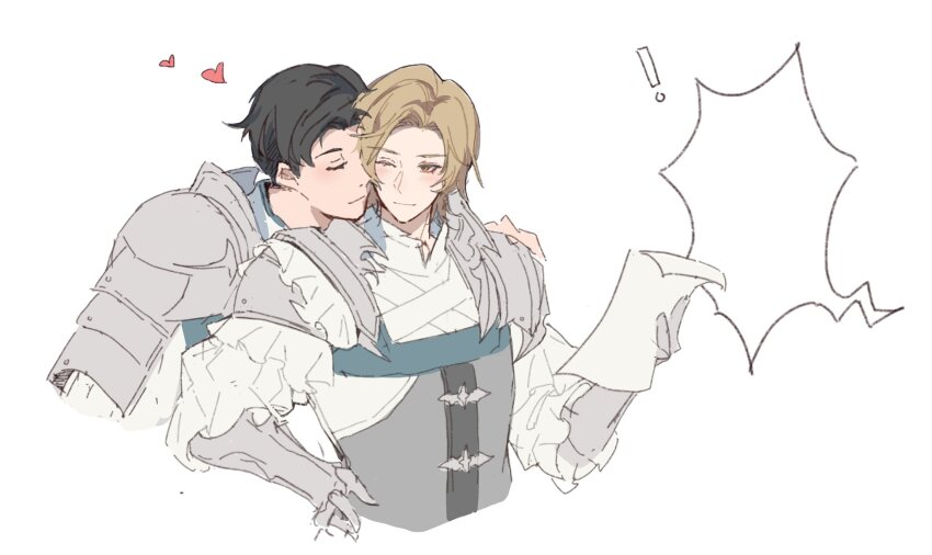 !, 2boys, armor, black_hair, blonde_hair, blush, closed_eyes, dion_lesage