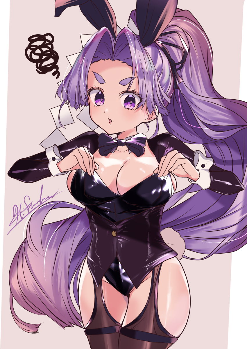 1girl, absurdres, alternate_costume, animal_ears, black_garter_straps, black_leotard, black_thighhighs, breasts, fake_animal_ears, fake_tail, garter_straps, hatsuharu_(kancolle), hatsuharu_kai_ni_(kancolle), highres, hikimayu, kantai_collection, large_breasts, leotard, long_hair, long_sleeves, matsurika_(harusutain), playboy_bunny, ponytail, purple_eyes, purple_hair, rabbit_ears, rabbit_tail, shide, short_eyebrows, shrug_(clothing), solo, strapless, strapless_leotard, tail, thighhighs, very_long_hair
