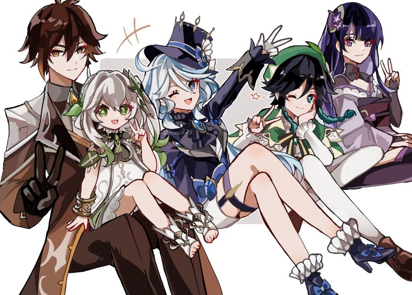 aqua_eyes, aqua_hair, black_hair, blue_eyes, blue_hair, blue_headwear, blue_jacket, braid