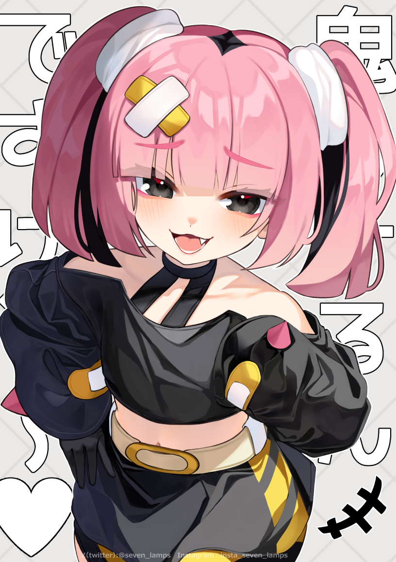 +++, 1girl, :d, belt, belt_buckle, black_choker, blunt_bangs, blush, buckle, choker, commentary_request, coral_(pokemon), fang, gloves, grey_eyes, hair_ornament, hand_on_own_hip, hand_up, long_sleeves, looking_at_viewer, lower_teeth_only, nanahi_tsubaki, nintendo, off_shoulder, open_mouth, pink_hair, pokemon, pokemon_(anime), pokemon_horizons, skirt, smile, solo, teeth, tongue, twintails