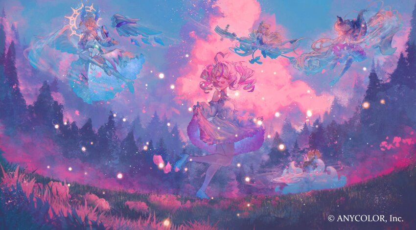 5girls, absurdly_long_hair, ahoge, alternate_costume, animal_ears, asymmetrical_legwear, asymmetrical_wings, bare_shoulders, bell, betanonbeet, black_footwear, black_thighhighs, blonde_hair, blue_sky, boots, bow, broom, broom_riding, cat_ears, cat_girl, cat_tail, cloud, company_name, copyright_notice, crown, detached_wings, dress, drill_hair, enna_alouette, enna_alouette_(anniversary_dress), ethyria, eyepatch, field, flower, flying, forest, fork, fox_ears, fox_girl, frilled_dress, frills, grass, green_eyes, grey_hair, halo, heart, heart_ahoge, highres, holding, holding_own_dress, holding_staff, huge_ahoge, kitsune, kyuubi, lace-up_boots, long_hair, maria_marionette, mechanical_wings, medium_hair, millie_parfait, millie_parfait_(anniversary_dress), mini_crown, mismatched_legwear, multiple_girls, multiple_tails, nature, nijisanji, nijisanji_en, nina_kosaka, nina_kosaka_(anniversary_dress), one_eye_covered, open_mouth, petals, pine_tree, pink_hair, purple_hair, reimu_endou, reimu_endou_(anniversary_dress), sky, smile, socks, staff, standing, standing_on_one_leg, tail, tail_bell, tail_bow, tail_ornament, thighhighs, tilted_headwear, tree, very_long_hair, virtual_youtuber, white_footwear, white_socks, white_tail, white_thighhighs, white_wings, wings