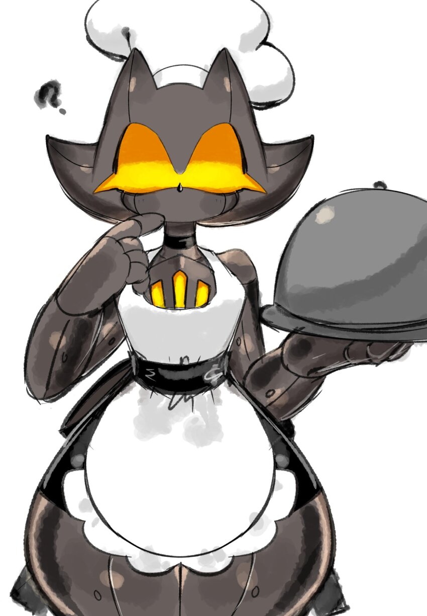 animal_ears, apron, chef_hat, colored_skin, furnace, furnace_(sonic.exe), grey_skin, hat, hedgehog, highres, holding, holding_plate, mecha_sonic, multicolored_eyes, orange_eyes, plate, ?, robot, sonic.exe, sonic_(series), sonic_the_hedgehog_(classic), sonic_the_hedgehog_2, thick_thighs, thighs, usa37107692, wide_hips, yellow_eyes