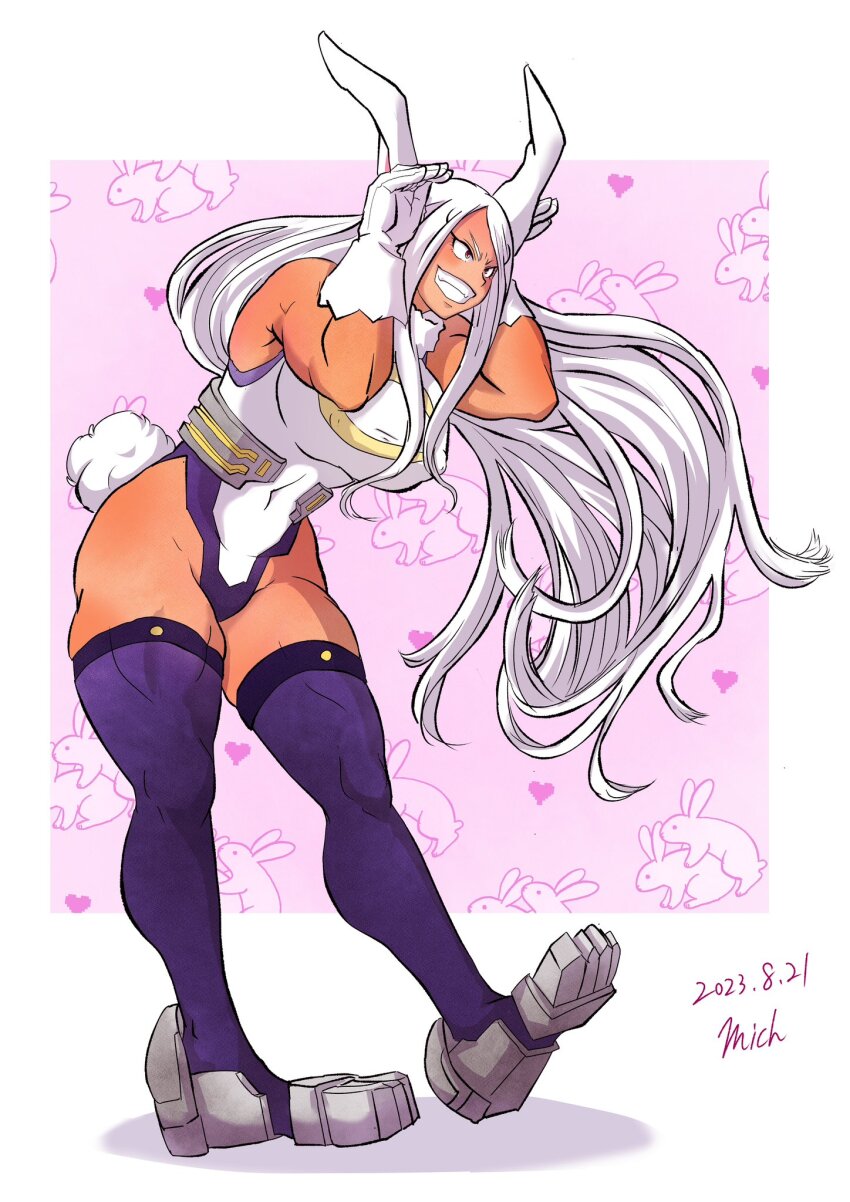 1girl, animal_ears, arms_up, boku_no_hero_academia, breasts, clothing_cutout, commentary_request, crescent_print