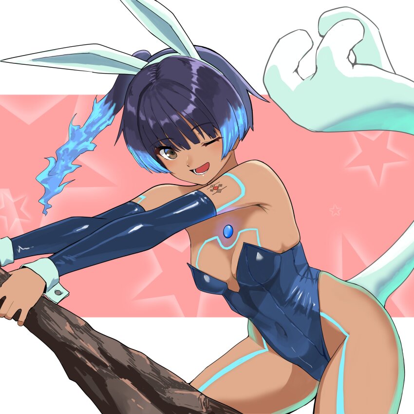 1girl, ;d, absurdres, alternate_costume, animal_ears, arm_tattoo, blue_hair, blue_leotard