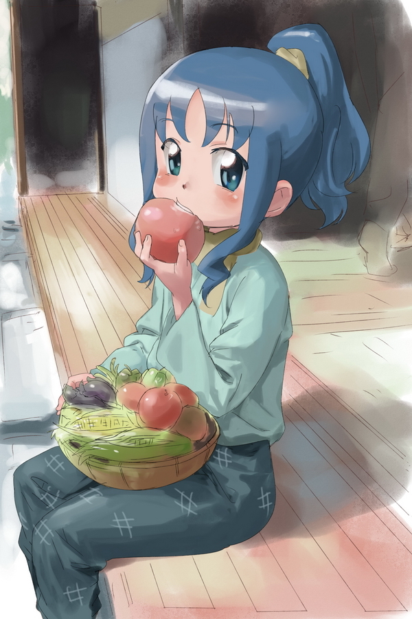 10s, apple, blue_eyes, blue_hair, eating, food, fruit, heartcatch_precure!