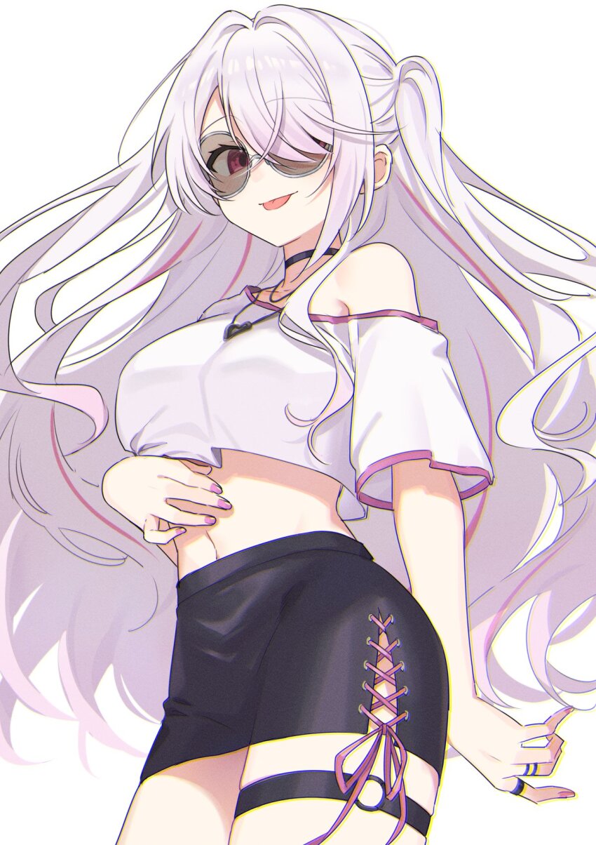 1girl, :p, black_choker, black_skirt, choker, crop_top, grey_hair, hair_over_one_eye