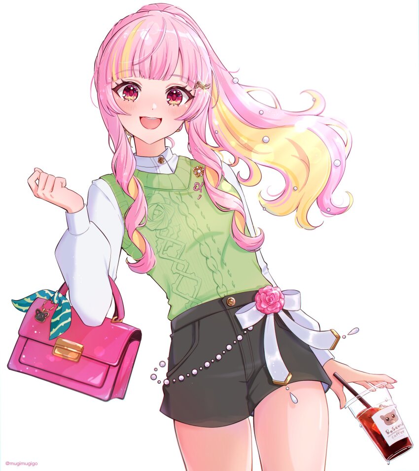 1girl, bag, black_shorts, blonde_hair, commentary, drink, green_sweater_vest, highres