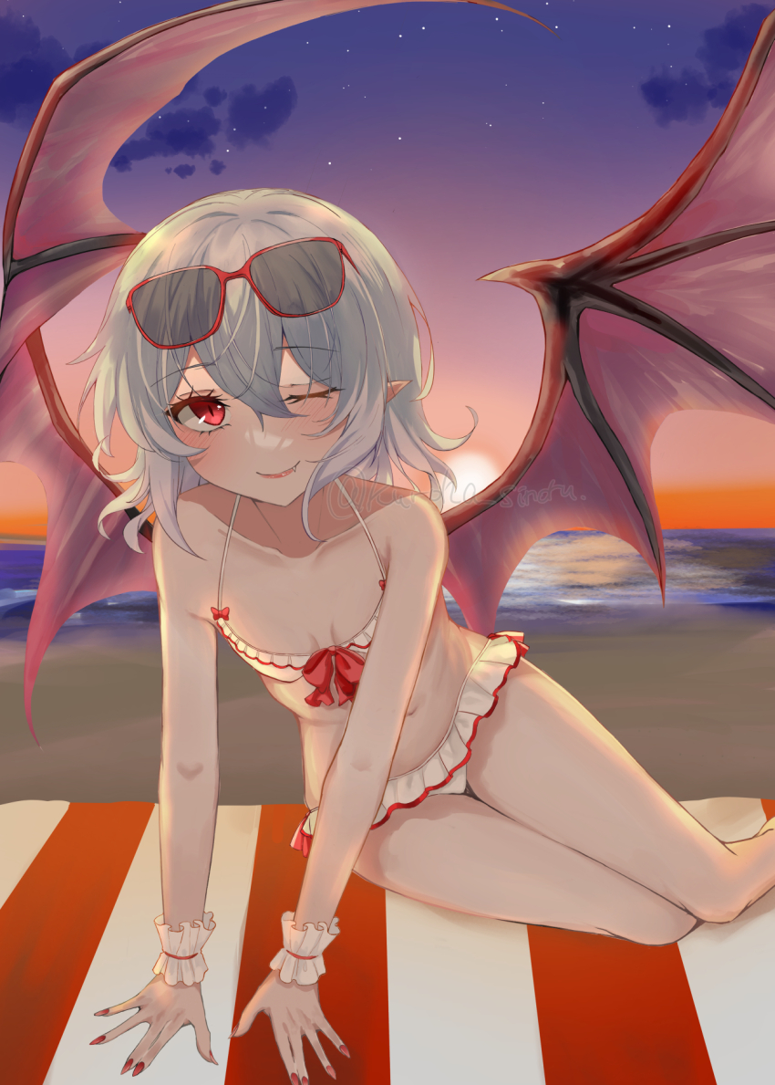 1girl, ;), bat_wings, breasts, cleavage, cloud, commentary, english_commentary, eyewear_on_head, feet_out_of_frame, fingernails, gradient_sky, grey_hair, highres, horizon, kuro_wa_shinoru, long_fingernails, looking_at_viewer, navel, one_eye_closed, red_eyes, red_nails, remilia_day, remilia_scarlet, short_hair, sky, small_breasts, smile, solo, star_(sky), starry_sky, sunglasses, touhou, wings, wrist_cuffs