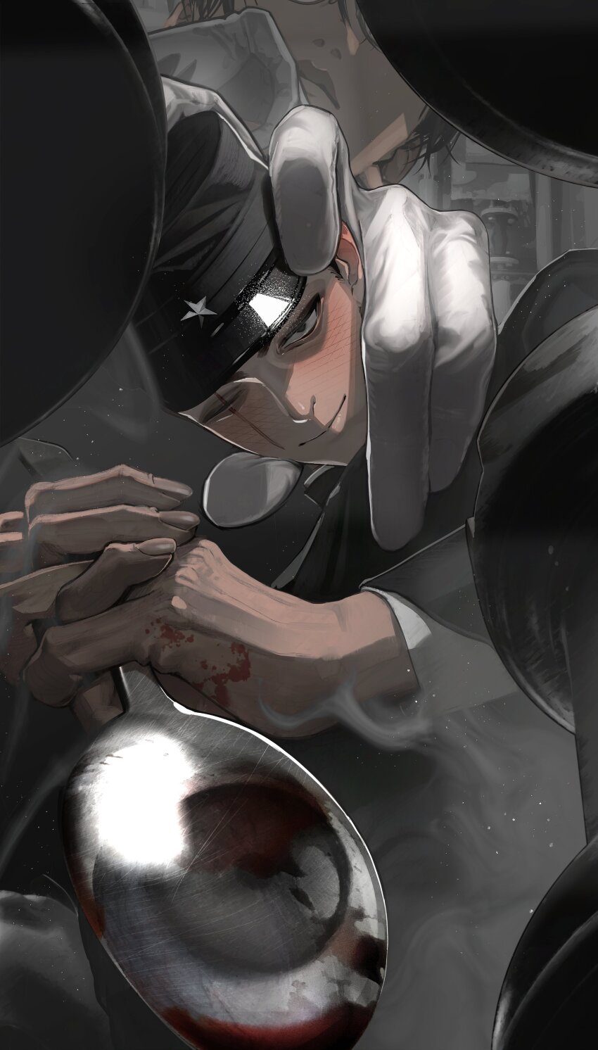 2boys, absurdres, black_eyes, black_hair, blood, blood_on_hands, board_game, chess, chess_piece, closed_mouth, commentary, from_below, gakuran, gakuseibou, gloves, half-closed_eyes, hand_on_another's_head, hand_to_own_mouth, hat, head_out_of_frame, highres, holding, holding_spoon, light_particles, litchi_hikari_club, long_sleeves, looking_down, male_focus, mau_sakura, mini_person, miniboy, multiple_boys, niko_(litchi_hikari_club), one_eye_closed, reflection, reverse_grip, sanpaku, scar, scar_across_eye, scar_on_face, school_uniform, short_hair, smile, smoke, spoon, untranslatable_commentary, two-handed, white_gloves, zera_(litchi_hikari_club)
