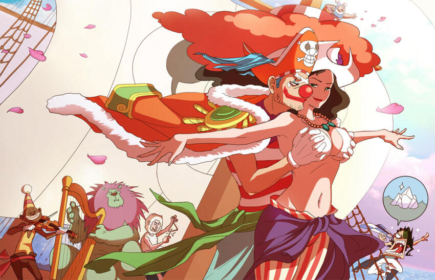 1girl, 5boys, alvida_(one_piece), animal, animal_ears, bikini, bikini_top_only, black_hair, blue_hair, bow_(music), buggy_the_clown, cabaji, cape, closed_eyes, closed_mouth, cloud, cloudy_sky, clown_nose, commentary, cowboy_hat, crossover, dark-skinned_male, dark_skin, empty_eyes, english_commentary, facepaint, facial_hair, facial_mark, fedotik, gloves, grabbing_another's_breast, grabbing_from_behind, groping, hair_over_one_eye, harp, hat, hat_feather, holding, holding_bow_(music), holding_instrument, holding_violin, iceberg, instrument, jewelry, jolly_roger, lion, lipstick, long_hair, looking_at_another, makeup, midriff, mohji_(one_piece), multiple_boys, music, necklace, one_eye_covered, one_piece, open_mouth, outdoors, parody, pearl_necklace, pirate_hat, playing_instrument, red_nose, richie_(one_piece), russian_commentary, scarf, ship, short_hair, skull_and_crossbones, sky, smile, swimsuit, teeth, titanic_(movie), triangle_(instrument), violin, watercraft, white_gloves, white_hair, white_headwear