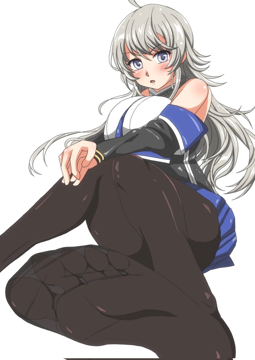1girl, ahoge, black_pantyhose, blue_necktie, blue_skirt, blush, breasts, grey_eyes