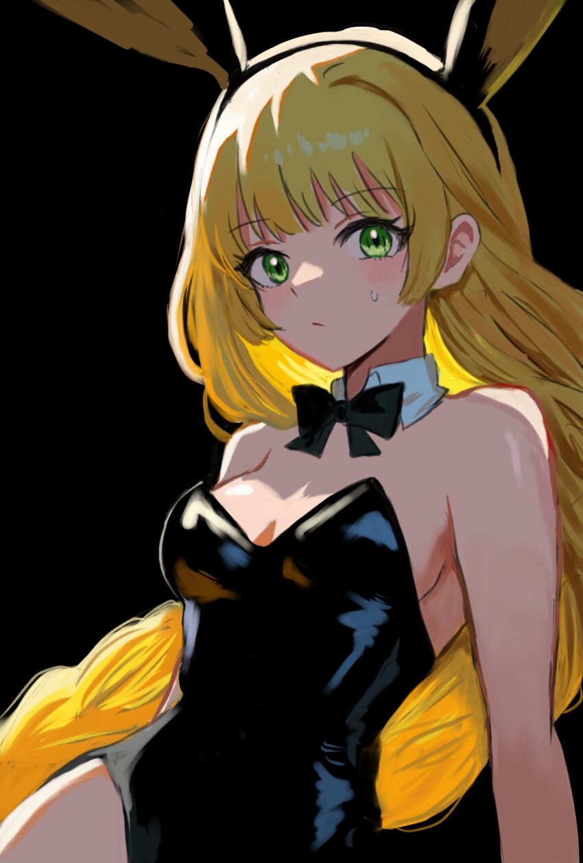 1girl, alternate_costume, animal_ears, bare_shoulders, black_background, black_bow, black_bowtie, black_leotard, blonde_hair, blush, bow, bowtie, breasts, bunny_day, closed_mouth, commentary_request, detached_collar, fake_animal_ears, fire_emblem, fire_emblem:_three_houses, green_eyes, highres, ingrid_brandl_galatea, leotard, long_hair, looking_at_viewer, medium_breasts, nintendo, playboy_bunny, rabbit_ears, simple_background, solo, strapless, strapless_leotard, very_long_hair, yuurururun