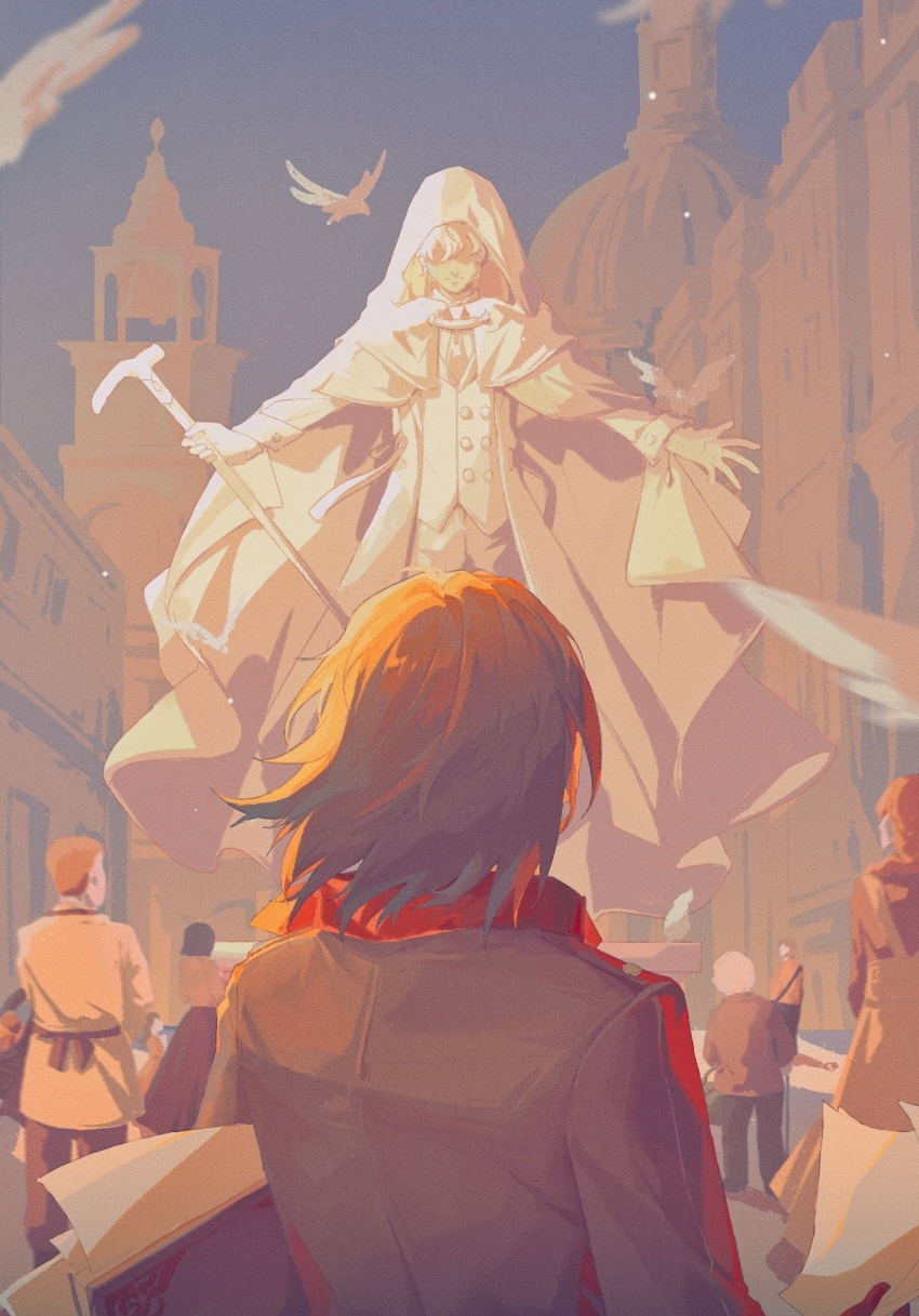 1boy, bird, black_hair, black_jacket, brown_hair, building, cane, chinese_commentary