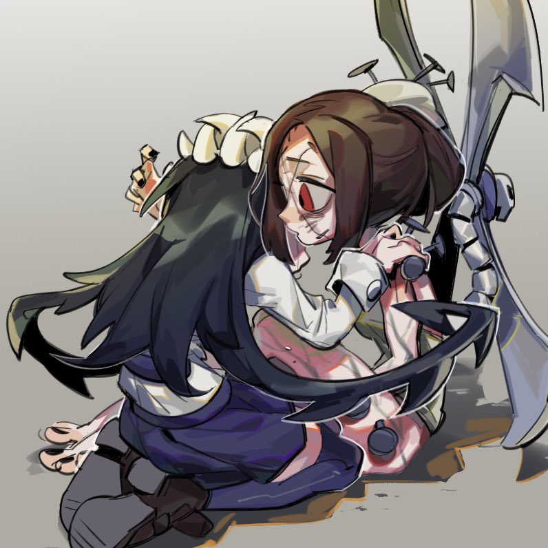 2girls, black_hair, black_nails, boniteo1, brown_hair, filia_(skullgirls), grey_background, hug, kneeling, multiple_girls, painwheel_(skullgirls), pleated_skirt, red_eyes, scar, school_uniform, sitting, skirt, skullgirls, thighhighs, veins