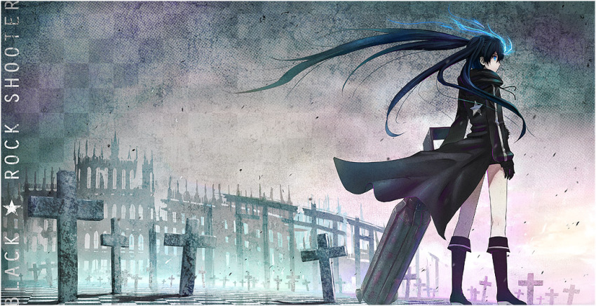 10s, 1girl, arm_cannon, bad_id, bad_pixiv_id, black_hair, black_rock_shooter, black_rock_shooter_(character)