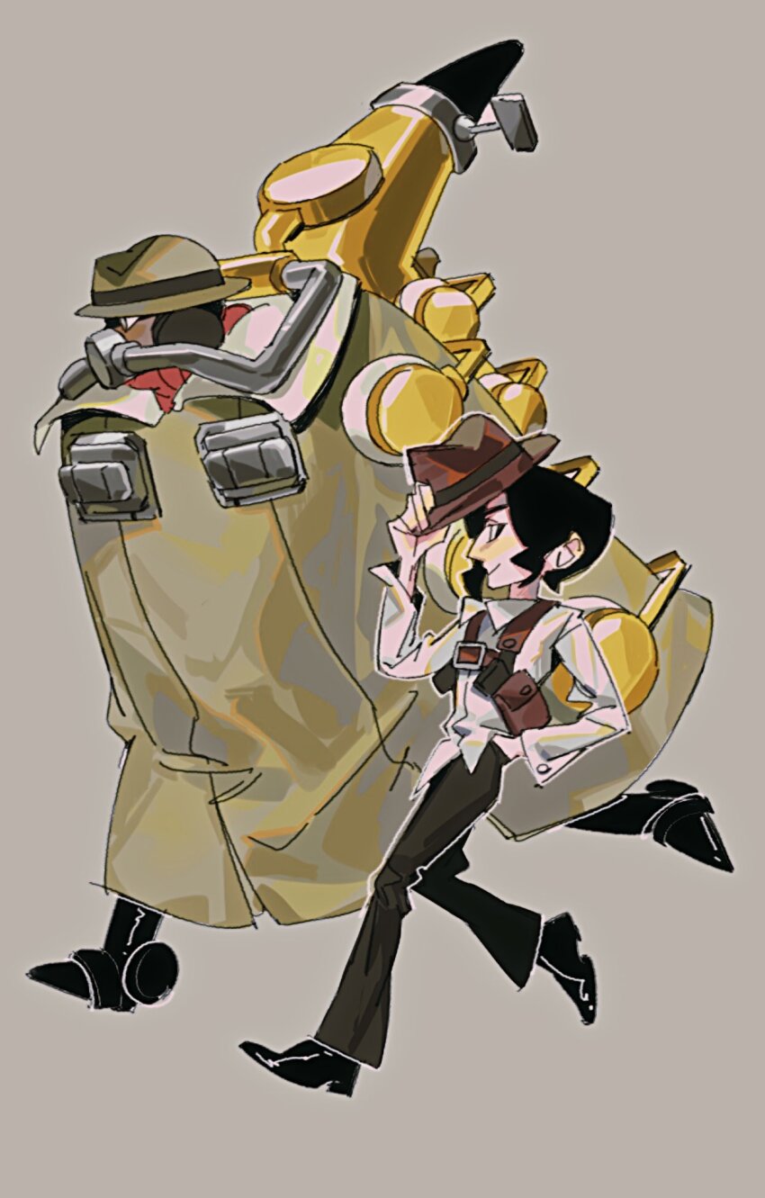 2boys, big_band, black_hair, boniteo1, brown_background, coat, cyborg, dark-skinned_male