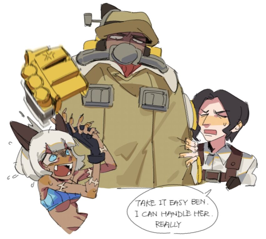 1girl, 2boys, anger_vein, big_band, black_hair, blue_eyes, bob_cut, boniteo1