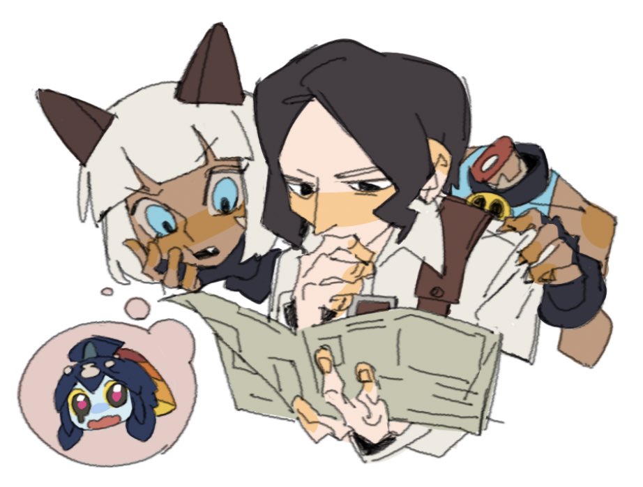 1boy, 2girls, black_hair, blue_eyes, bob_cut, boniteo1, cat_girl, dark-skinned_female