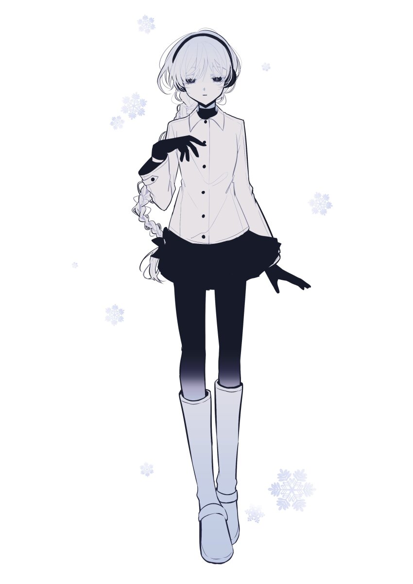 1girl, absurdres, arm_at_side, boots, bow, braid, braided_ponytail, buttons