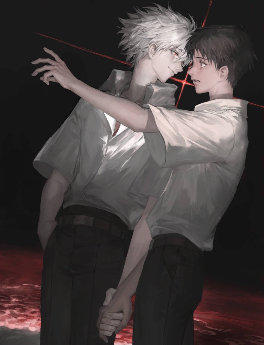 2boys, belt, black_pants, brown_hair, collared_shirt, commentary, cowboy_shot, diffraction_spikes