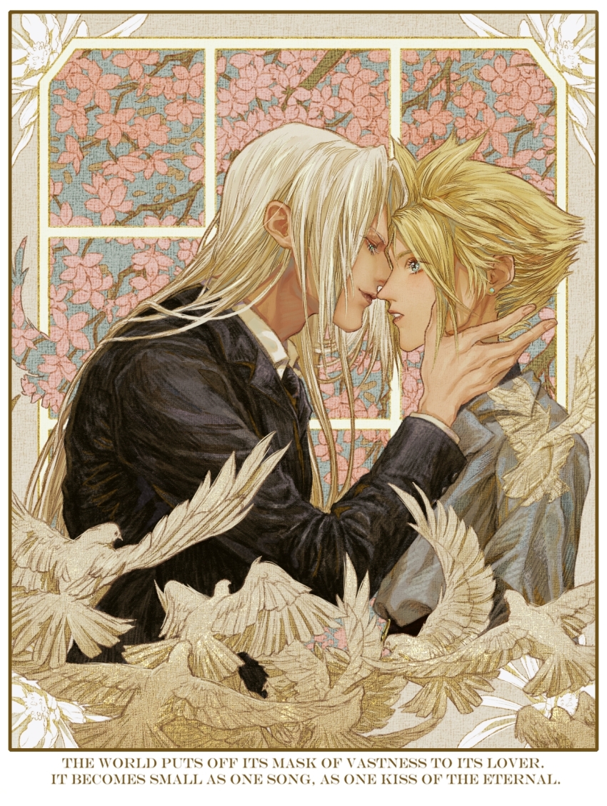 2boys, adam's_apple, alternate_costume, animal, bird, black_jacket, blonde_hair, blue_eyes