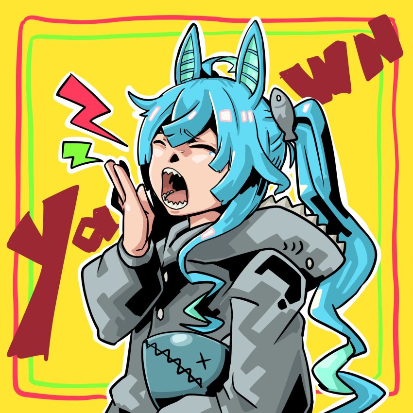 1girl, ahoge, alternate_costume, animal_ears, animal_hood, black_hoodie, blue_hair, closed_eyes