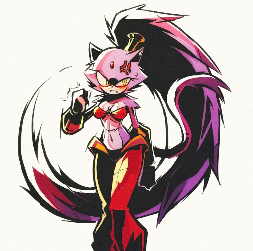 1girl, angry, animal_ears, arabian_clothes, blaze_the_cat, blush, cat_ears, cat_girl, cat_tail, clenched_hand, cosplay, eyelashes, forehead_jewel, furry, furry_female, high_ponytail, highres, hoodedmask, looking_to_the_side, midriff, navel, o-ring, o-ring_top, pants, ponytail, purple_fur, red_pants, shantae, shantae_(cosplay), shantae_(series), simple_background, sonic_(series), tail, yellow_eyes