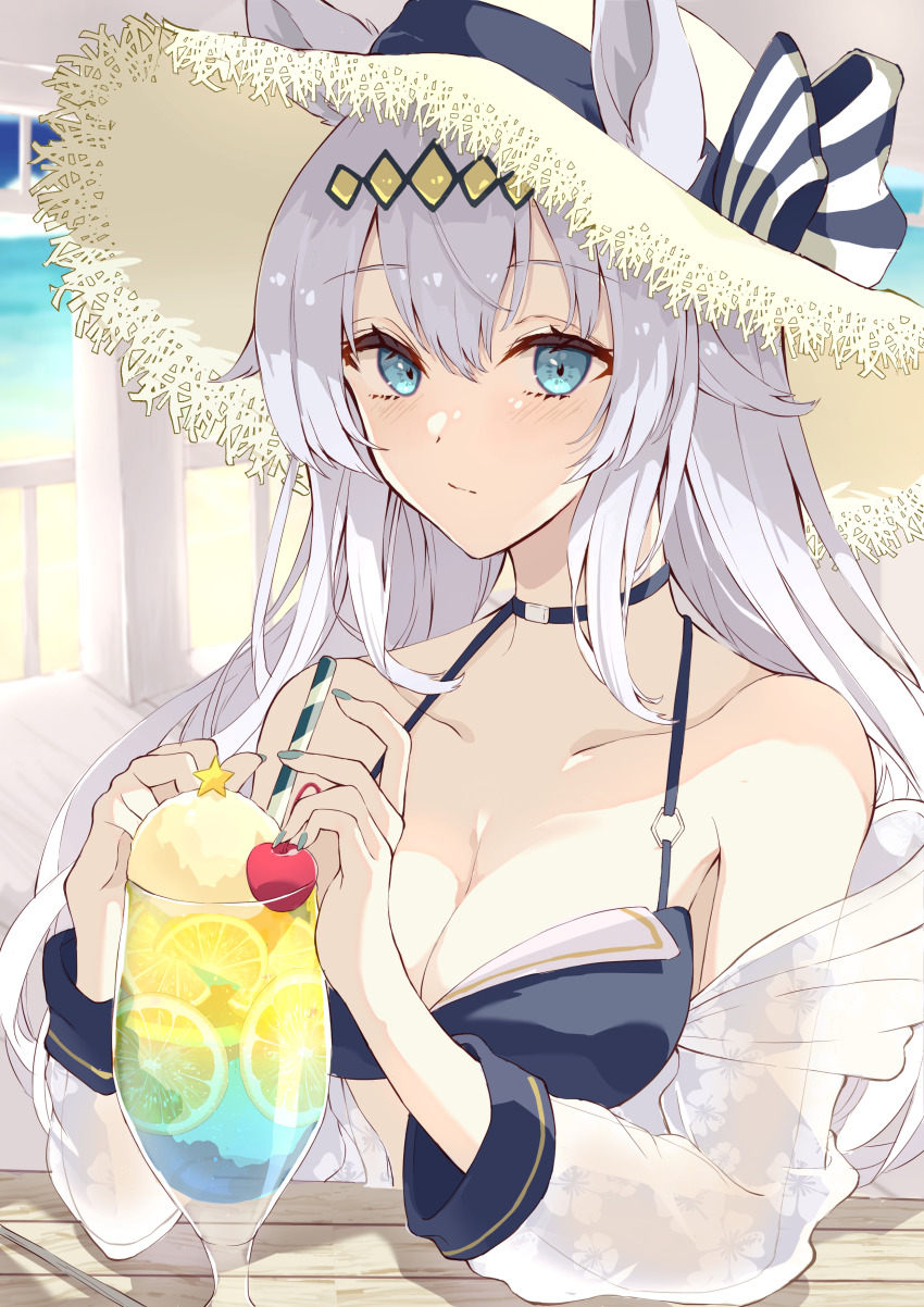 1girl, absurdres, animal_ears, bikini, black_bikini, blue_eyes, blue_nails, blush, breasts, cherry, cleavage, closed_mouth, collarbone, cream_soda, day, fingernails, food, fruit, grey_hair, hair_between_eyes, hat, highres, horse_ears, horse_girl, jacket, large_breasts, long_hair, long_sleeves, nail_polish, oguri_cap_(umamusume), outdoors, ri_cochet, see-through_clothes, see-through_jacket, solo, straw_hat, swimsuit, umamusume, yellow_hat