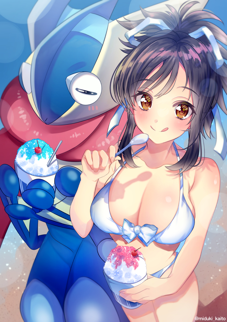 1girl, :q, asuka_(senran_kagura), bare_shoulders, bikini, black_hair, blush, breasts