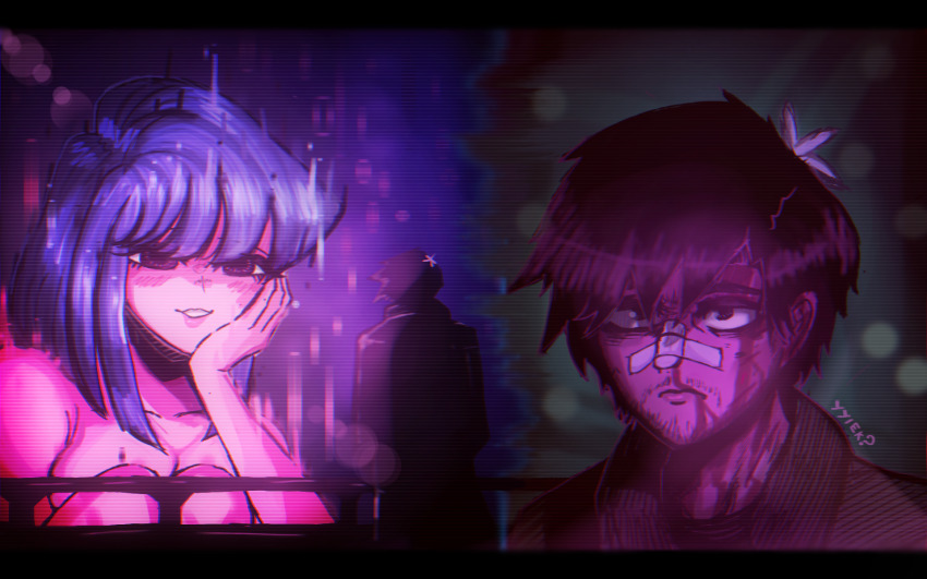 1boy, 1girl, bandaid, bandaid_on_face, bandaid_on_nose, black_hair, blade_runner_(series), blade_runner_2049