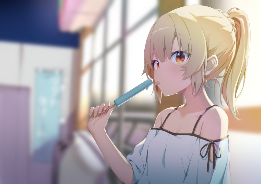 1girl, absurdres, bare_shoulders, blonde_hair, blurry, blurry_background, braid, choro_tofu