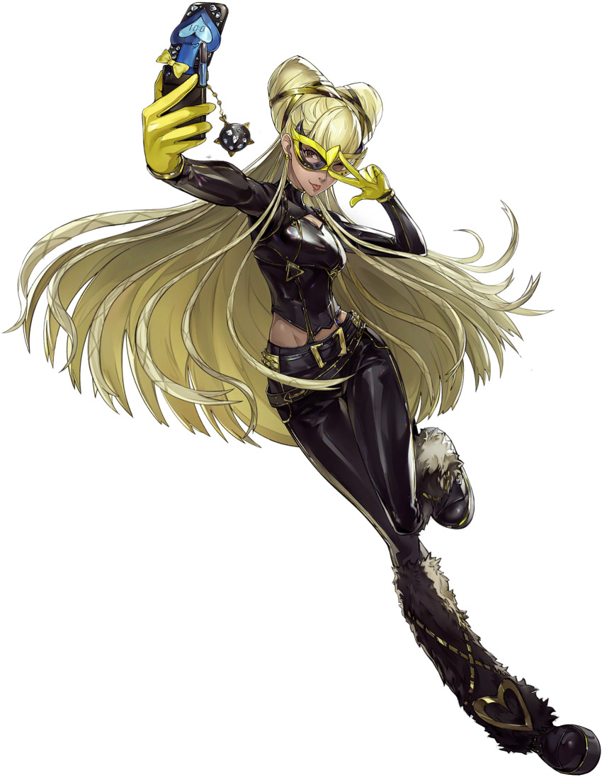 1girl, blonde_hair, brown_eyes, cellphone, dark-skinned_female, dark_skin, domino_mask, eye_mask