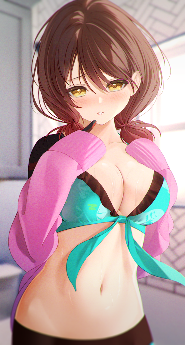 1girl, aqua_bikini, bikini, blurry, blurry_background, breasts, brown_hair, cleavage