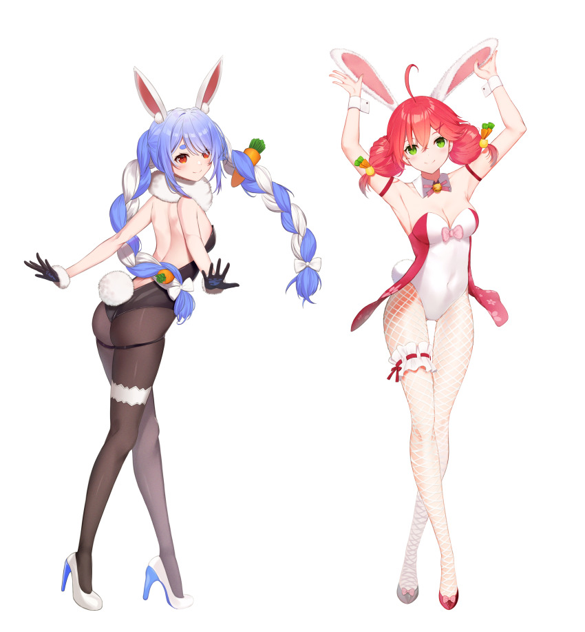 2girls, absurdres, ahoge, animal_ear_fluff, animal_ears, arm_strap, arms_up, asymmetrical_footwear