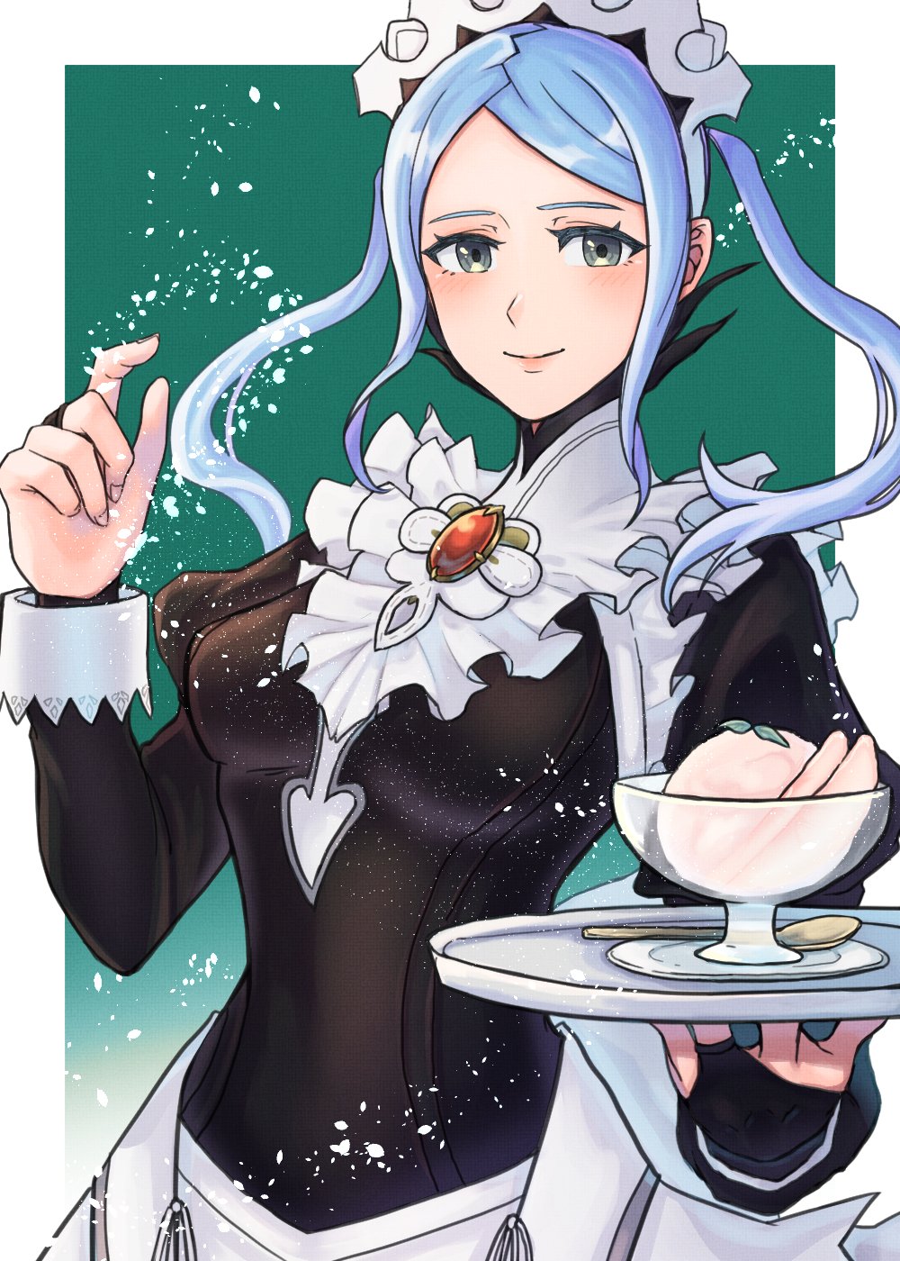 1girl, black_dress, blue_hair, bowl, bridal_gauntlets, dress, fire_emblem, fire_emblem_fates