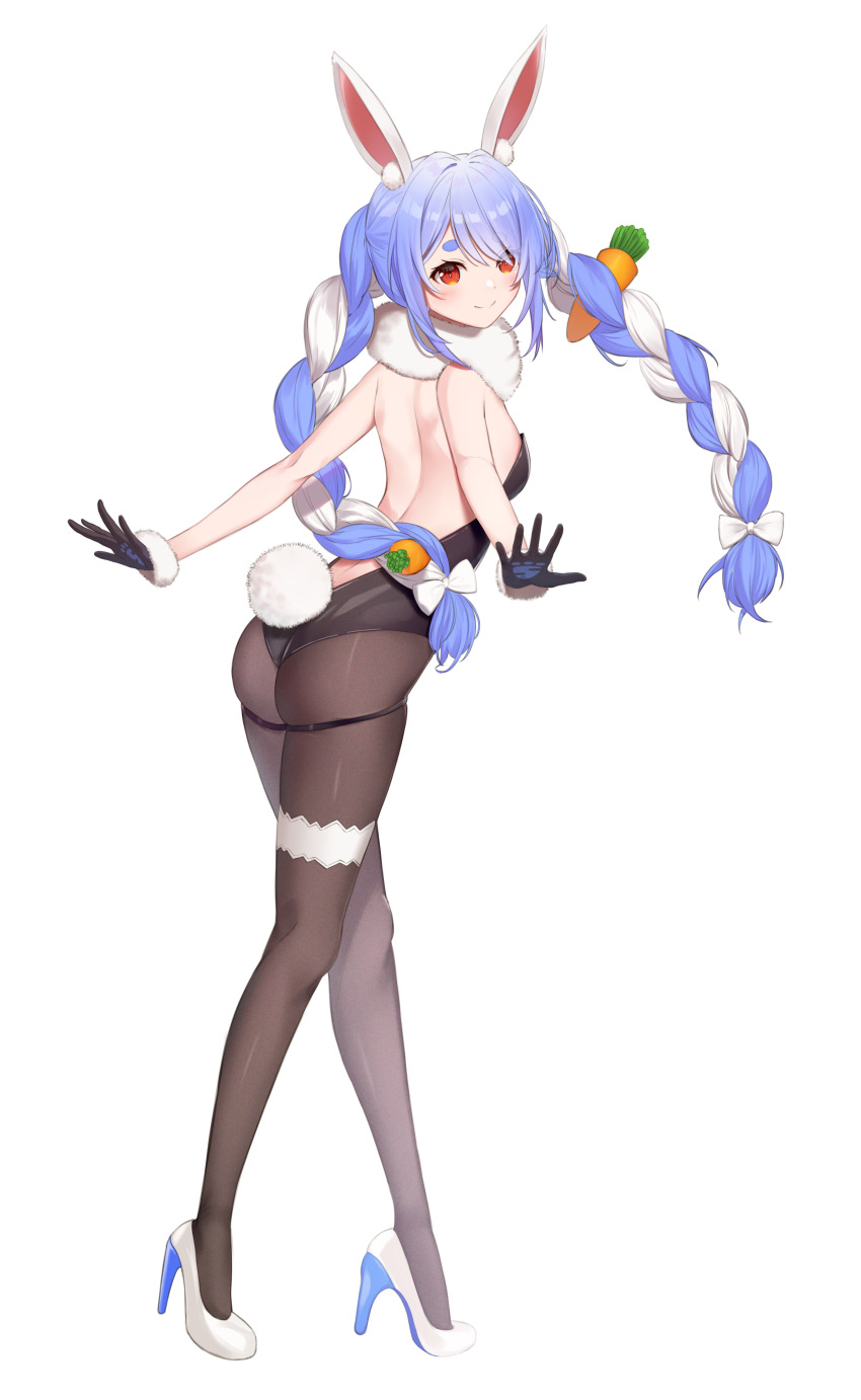 1girl, absurdres, animal_ear_fluff, animal_ears, back, black_gloves, black_leotard, blue_hair