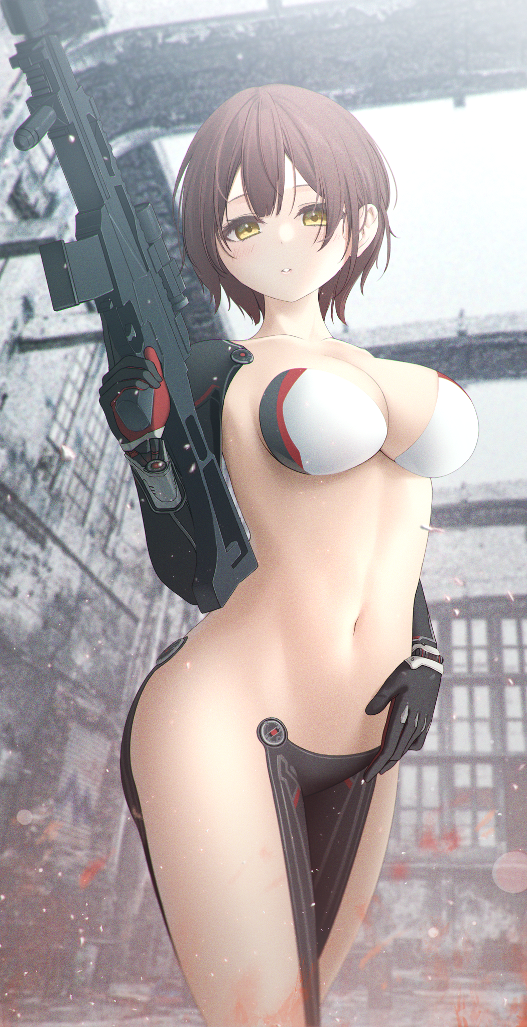 1girl, black_gloves, breasts, brown_hair, cleavage, collarbone, cowboy_shot, gloves, gun, hand_on_own_stomach, highres, holding, holding_gun, holding_weapon, hololive, mechanical_arms, medium_breasts, midriff, navel, nmokhahi, pelvic_curtain, rifle, roboco-san, short_hair, sniper_rifle, solo, thighs, trigger_discipline, virtual_youtuber, weapon, yellow_eyes