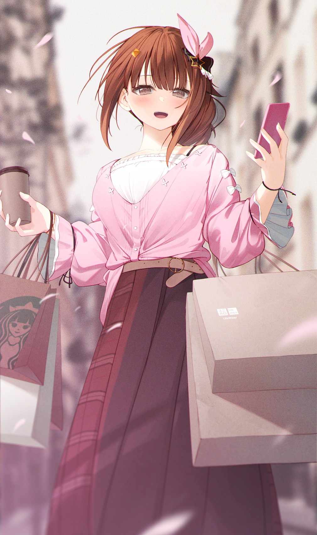 1girl, bag, belt, blurry, blurry_background, bow, brown_eyes, brown_hair