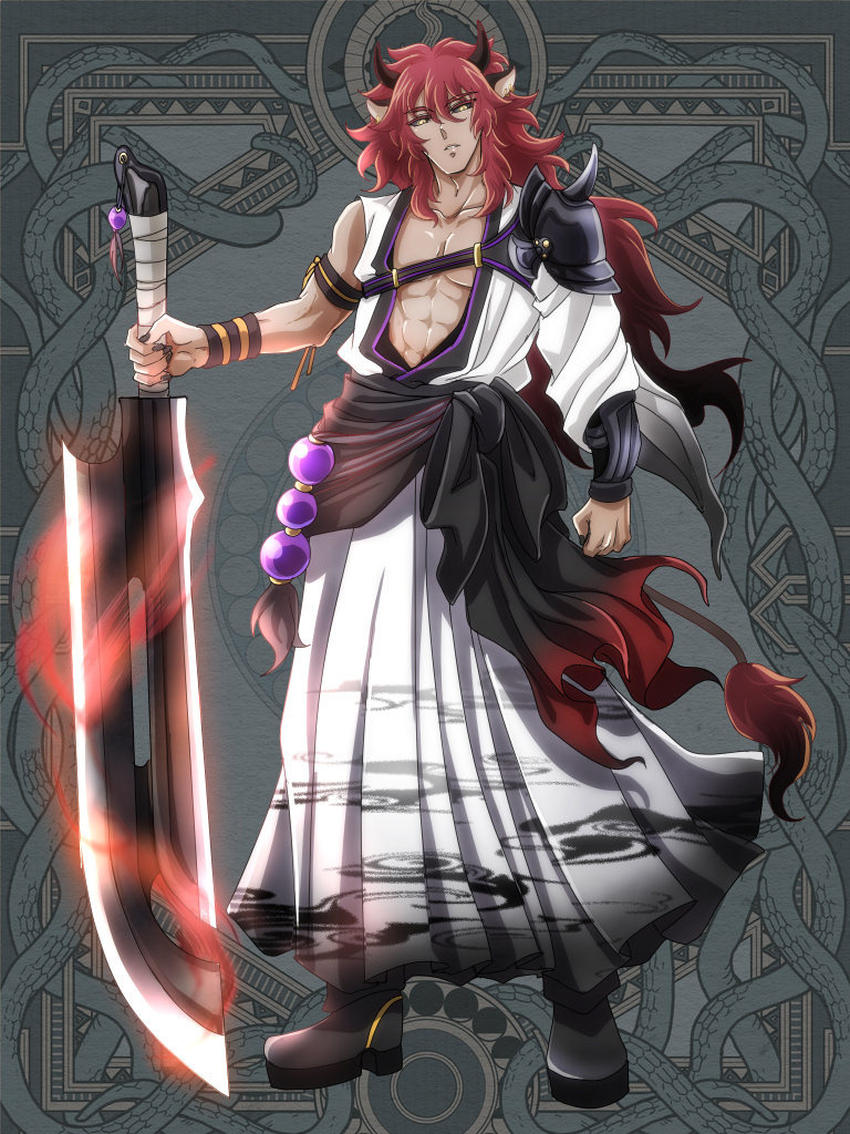 abs, animal_ears, armor, black_nails, black_sclera, blade, colored_sclera, cow_ears