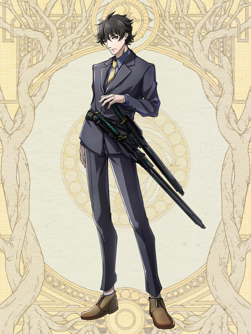 1boy, black_hair, black_pants, black_suit, brown_footwear, dairoku_ryouhei, formal_clothes, full_body, highres, long_sleeves, looking_at_viewer, male_focus, murakumo_genji, necktie, pants, red_eyes, sheath, sheathed, short_hair, solo, standing, suit, sword, tsubaki_pbwfa, weapon, yellow_background, yellow_necktie